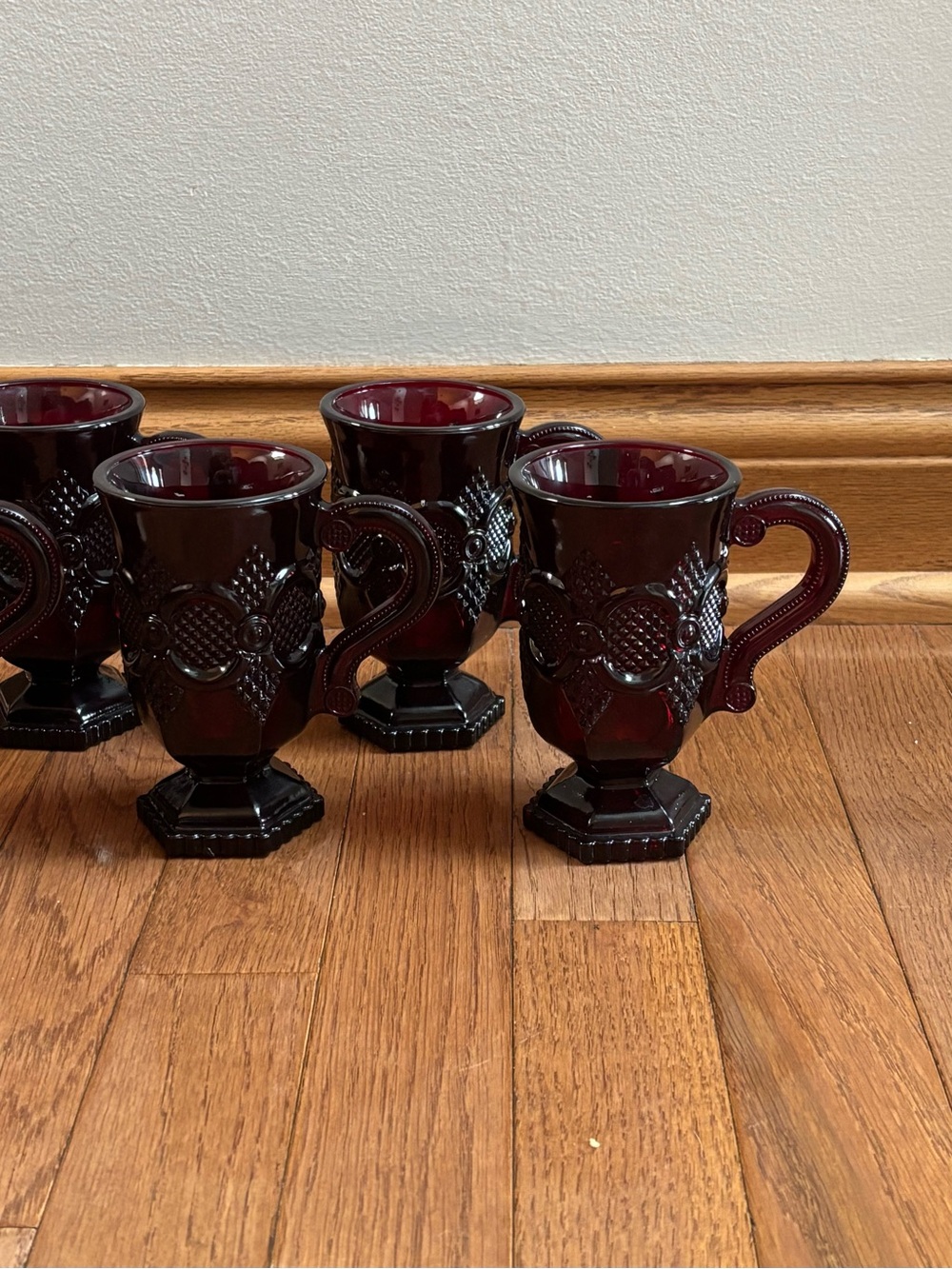 Set of 6 Vintage Ruby Red Avon Cape Cod 1976 Embossed Pedestal Glass Mugs